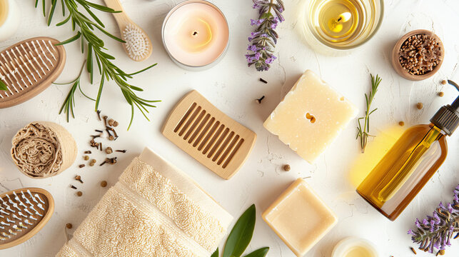 Relaxing bath time essentials on a smooth white surface. Includes a soft towel, fragrant soap, comb, nourishing oil, shampoo, exfoliating loofah, and calming candles.
