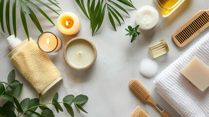 Relaxing bath time essentials on a smooth white surface. Includes a soft towel, fragrant soap, comb, nourishing oil, shampoo, exfoliating loofah, and calming candles.