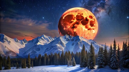 Naklejka premium Burning Moon Over Snowy Peaks, Digital Art, Mountain Landscape, Night Sky, Milky Way , moon , landscape