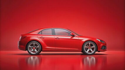 Fototapeta premium Red Sedan on Red Background, Side View, 3D Render, Car, Automobile, Design, Concept