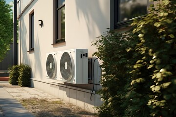 Cooling air condition unit and control system. Modern heat pump unit and compressor install outside the building. Home appliance, electrical equipment. HVAC service, maintenance and repair
