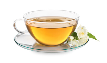 Aromatic jasmine tea in cup and flowers isolated on white