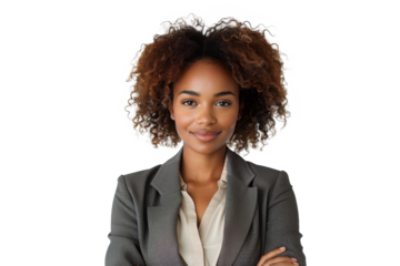 Business woman portrait isolated on white transparent background, Afro businesswoman in suit, crossed arms, PNG