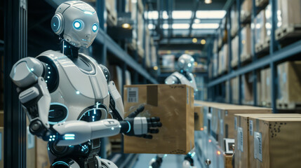 Fototapeta premium Robots moving boxes autonomously in warehouses with 5G technology.