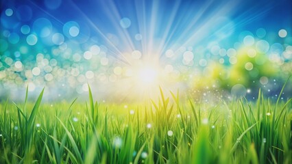 Obraz premium Sunlight Through Green Grass, Blurred Bokeh, Blue Sky, Sunlight, Bokeh, Nature, Spring