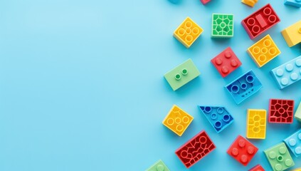 Colorful Plastic Building Blocks on a Blue Background