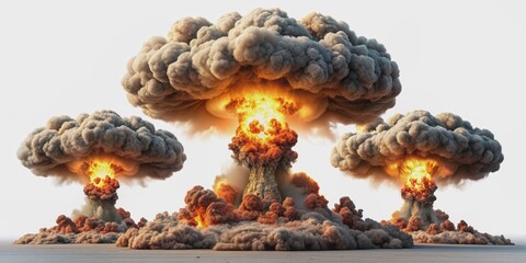 Obraz premium Triple Nuclear Explosion - 3D Render, Isolated, Realistic, Fireball, Smoke, Nuclear Explosion, Mushroom Cloud