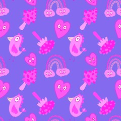 Cartoon doodle seamless mushrooms and birds and clouds and hearts pattern