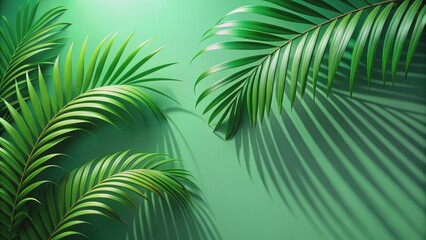 Obraz premium Tropical Palm Leaves Shadows on Green Background, tropical , palm leaves , summer , nature