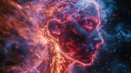 FPV cinematic shot of tridimensional psychedelic brain figures revolving inside a human head, with a blur filter and fast-motion effect