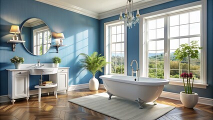 Classic Blue Bathroom with Clawfoot Tub and Window View, bathroom design, interior design, bathtub, luxury bathroom