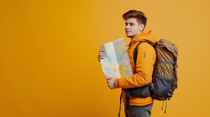 Fototapeta premium young handsome man in hiking gear on studio yellow background