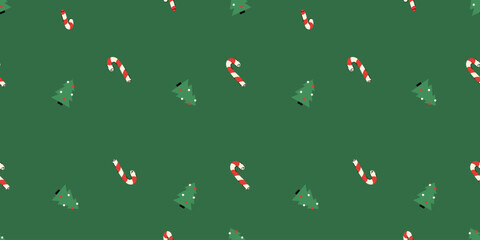 Pattern with christmas trees, candy cane. Seamless christmas print vector design.