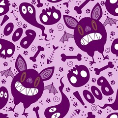Naklejka premium Halloween monsters animals seamless bat and ghost and skulls pattern