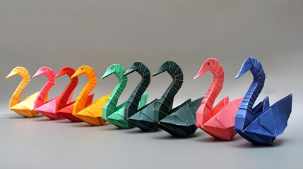 Colorful row of swan origami