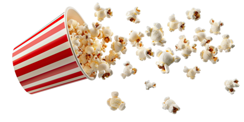 Crunchy, delicious popcorn scatters or explodes from a red-white-striped paper bucket on a transparent, isolated background. Cut out or PNG.
