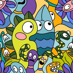 Cartoon doodle Halloween aliens seamless monster pattern for wrapping paper