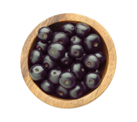 Fresh ripe acai berries in bowl isolated on white, top view