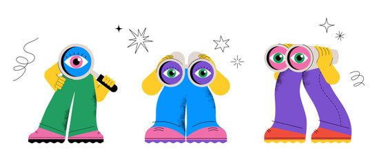 Funny characters holding binoculars, magnifying glass and spyglass telescope. Seo, searching, looking for, finding, hiring concept. Isolated design elements. Vector illustration