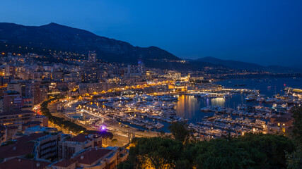 Elevated view of the Port Hercule - Monaco at twilight