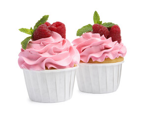 Tasty cupcakes with raspberries and mint isolated on white