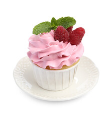 Tasty cupcake with raspberries and mint isolated on white