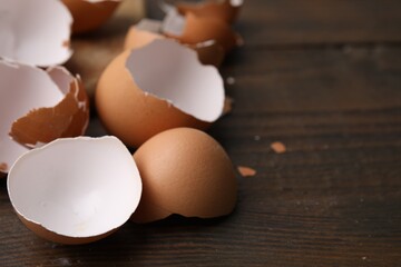 Pieces of broken eggshells on wooden table, closeup. Space for text