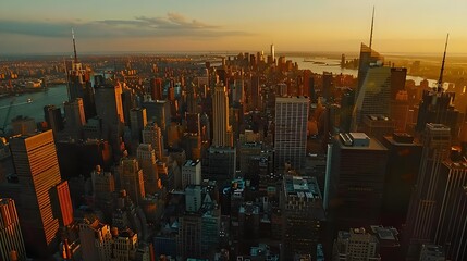 Aerial panorama of New York City skyline at sunset