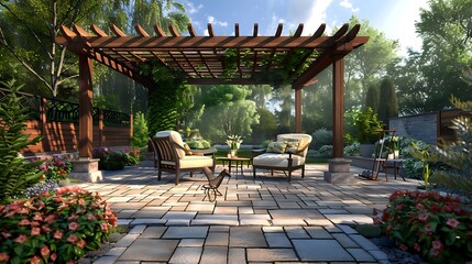 Backyard pergola with two arm chairs on pavers patio