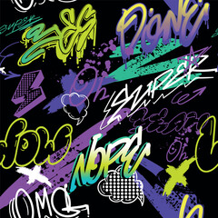 Abstract seamless graffiti pattern. Urban style typography ornament. Street art lettering wallpaper for sport textile, wrapping paper