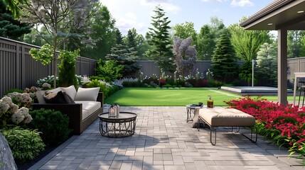 Backyard rear pavers patio with couch table and two chairs