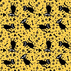 Cartoon animals seamless cats and dogs and fish bones pattern for wrapping paper