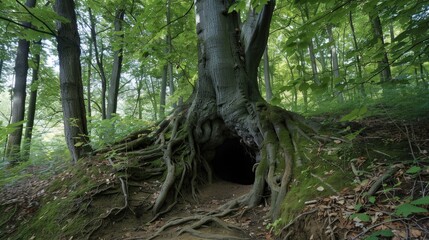 A big tree with a little hole at the roots maybe a den
