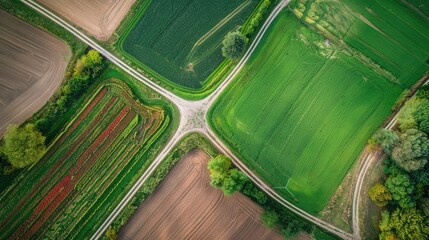 A bird s eye view of farm fields divided by a forked road