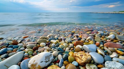 Colorful stones along the shore of a lake