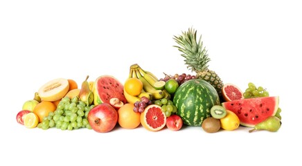 Many fresh ripe fruits isolated on white