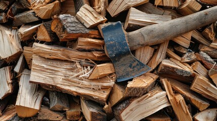 A pile of split lumber with an axe resting on it