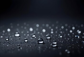 Water round droplets , macro on a dark mettallic shiny slab surface against a blurred background