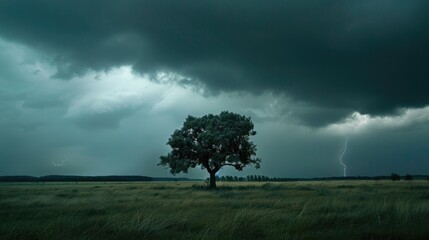 A solitary tree in a field during a brief and intense thunderstorm