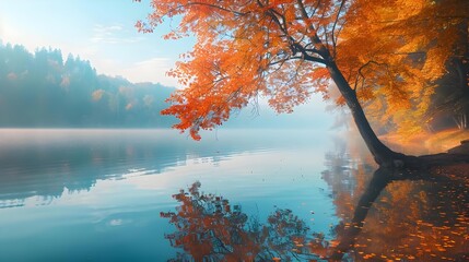 Colorful foliage tree in calm lake water