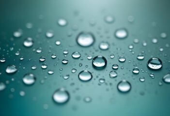 Water round droplets , macro on a light neutral mettallic shiny slab surface against a blurred background