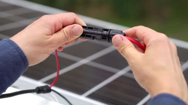 Close up footage  of technician's hands connecting mc4 connectors over the solar panel.