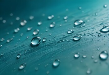 Water round droplets , macro on a light neutral mettallic shiny slab surface against a blurred background