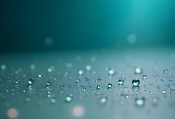 Water round droplets , macro on a light neutral mettallic shiny slab surface against a blurred background