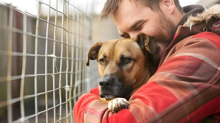 Male volunteer hugging dog in shelter