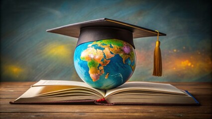 Global Education A Globe in a Graduation Cap on an Open Book, education, knowledge, graduation, world