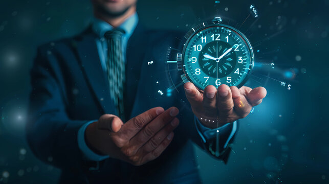 Strategic Investment: Businessman Demonstrates ROI with Time and Money Symbols