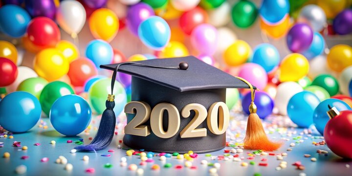 Graduation Cap 2020 with Balloons and Confetti, graduation , celebration , 2020 , party