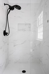 Elegant Walk-In Shower With Marble Walls And Natural Light From The Window