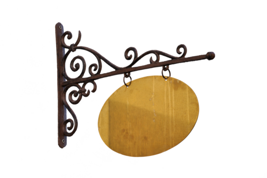 Advertising sign board with antique design, aged curved iron and aged brass oval plate, without inscriptions